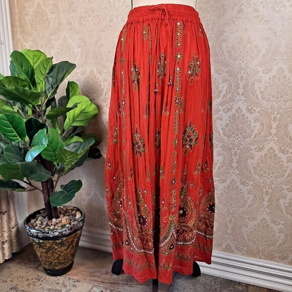 Burnt Orange One Size Printed Maxi Skirt with Sequin Embellishment Details NWOT - Picture 1 of 10